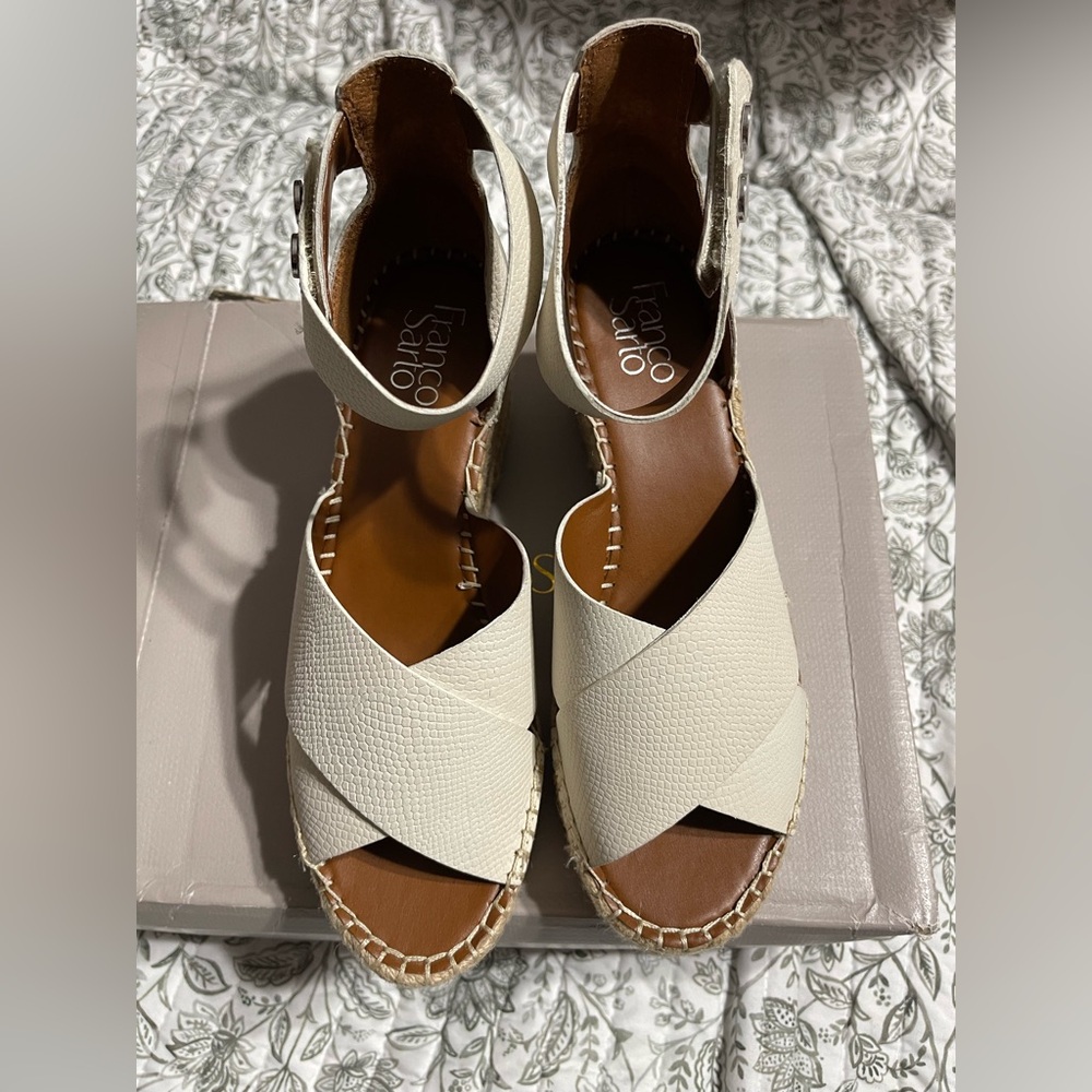 Franco Sarto- Cream Cross‑Strap Espadrille Wedge Sandals